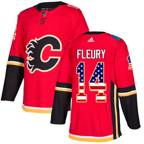Adidas Flames #14 Theoren Fleury Red Home Authentic USA Flag Stitched NHL Jersey - Click Image to Close